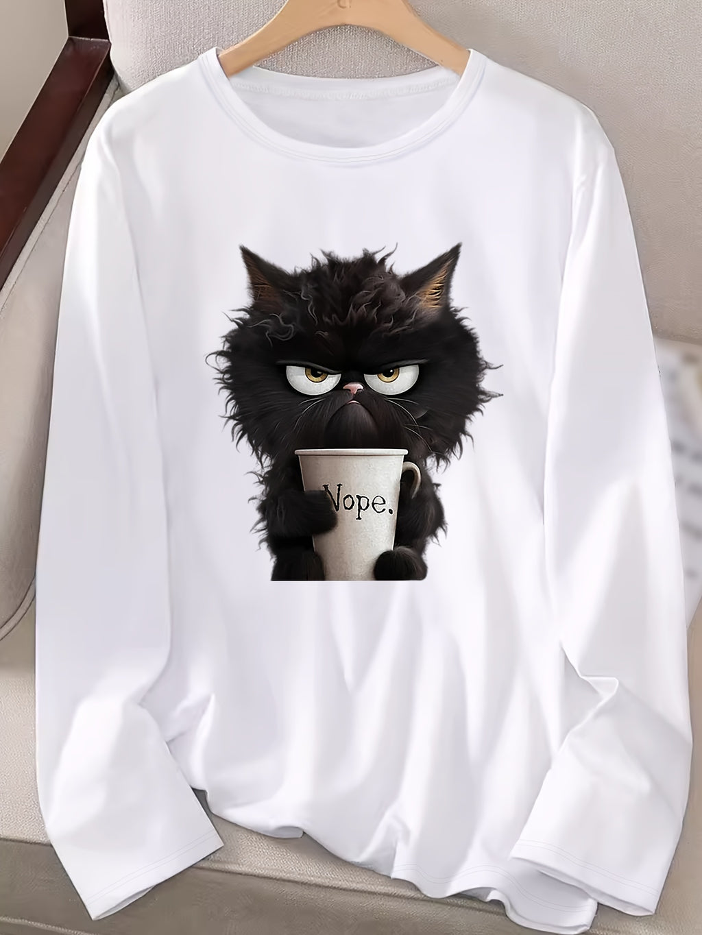 Women's Cartoon Cat Graphic Tee - Long Sleeve Crew Neck