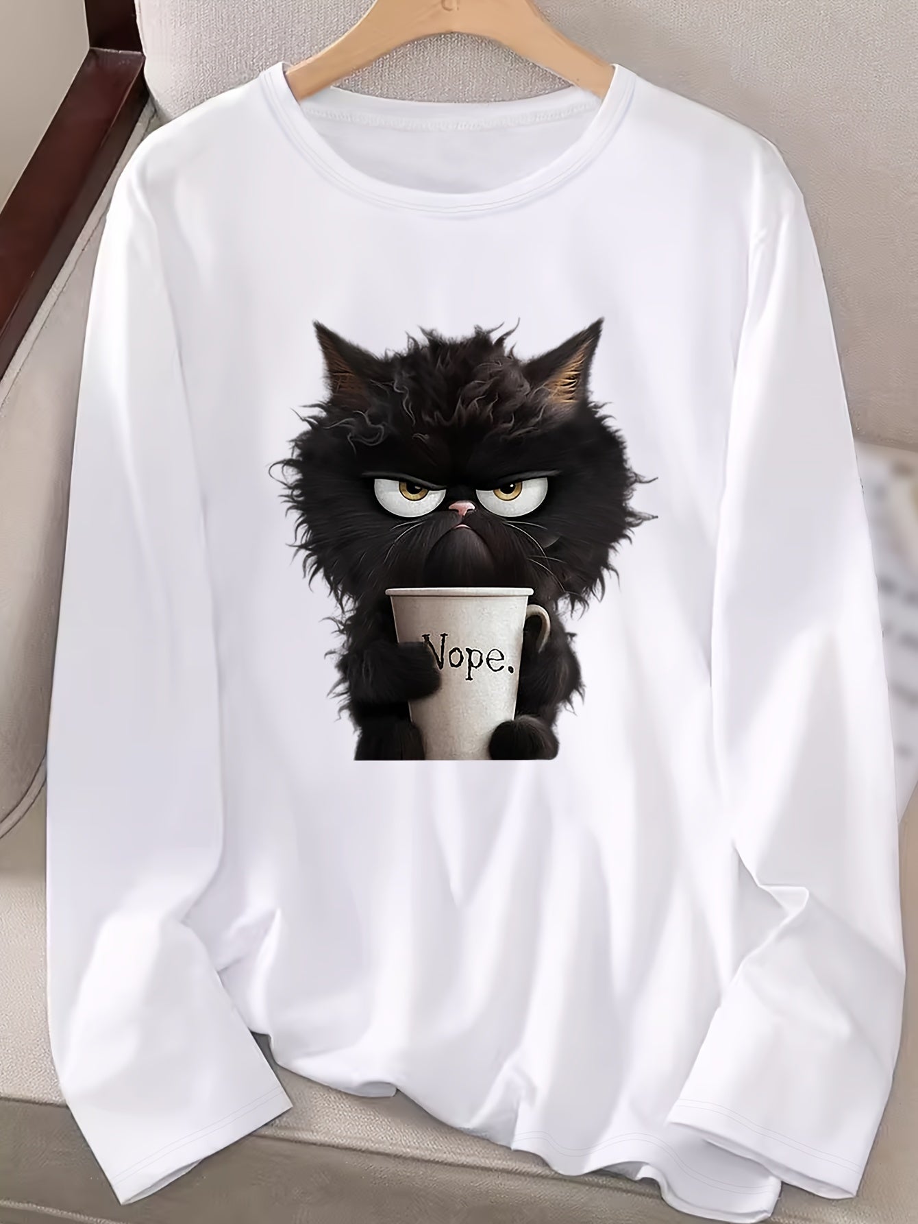 Women's Cartoon Cat Graphic Tee - Long Sleeve Crew Neck