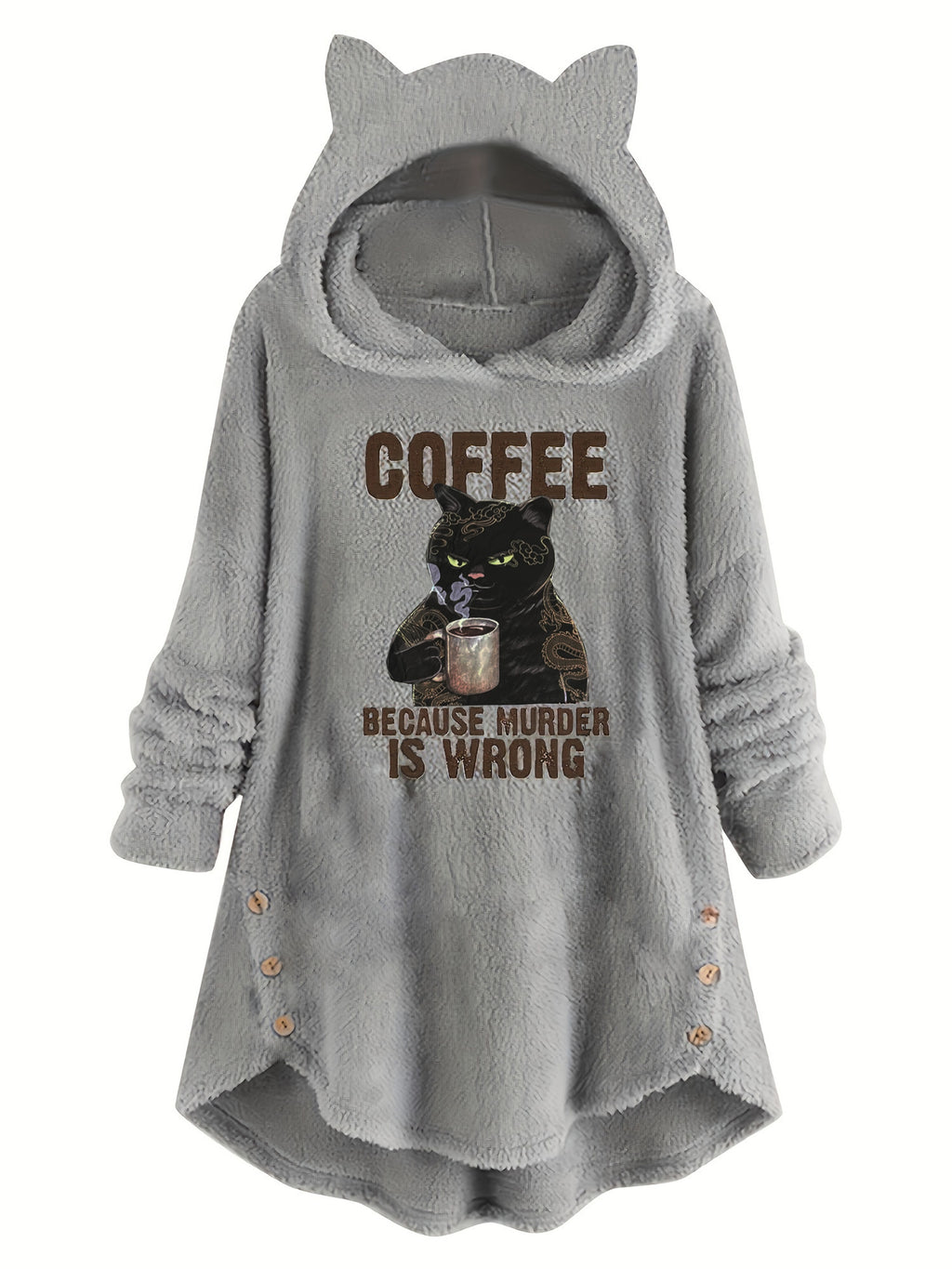 Women's Cat Print Teddy Hoodie - Cozy Button Sweatshirt