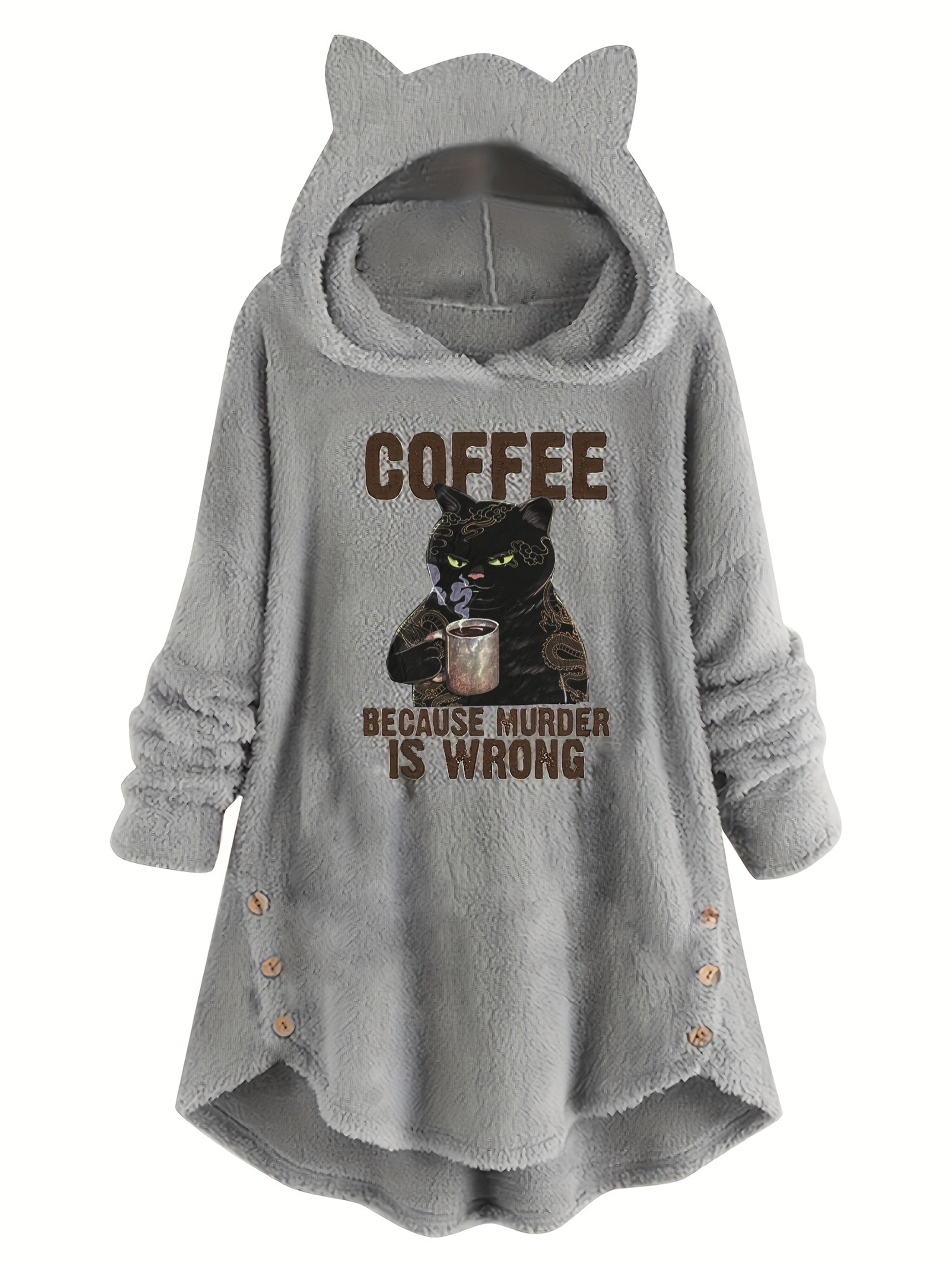 Women's Cat Print Teddy Hoodie - Cozy Button Sweatshirt