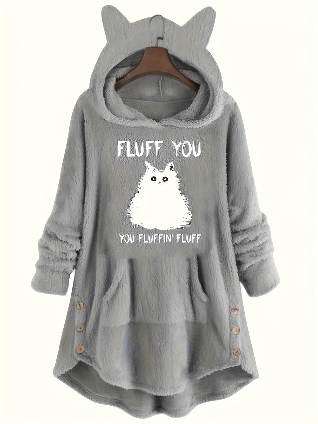[Feline Design Thermal Hoodie] Relaxed Fit Thermal Hoodie - Adorable Feline Design Long-Sleeve Sweatshirt for Women with Kangaroo Pocket