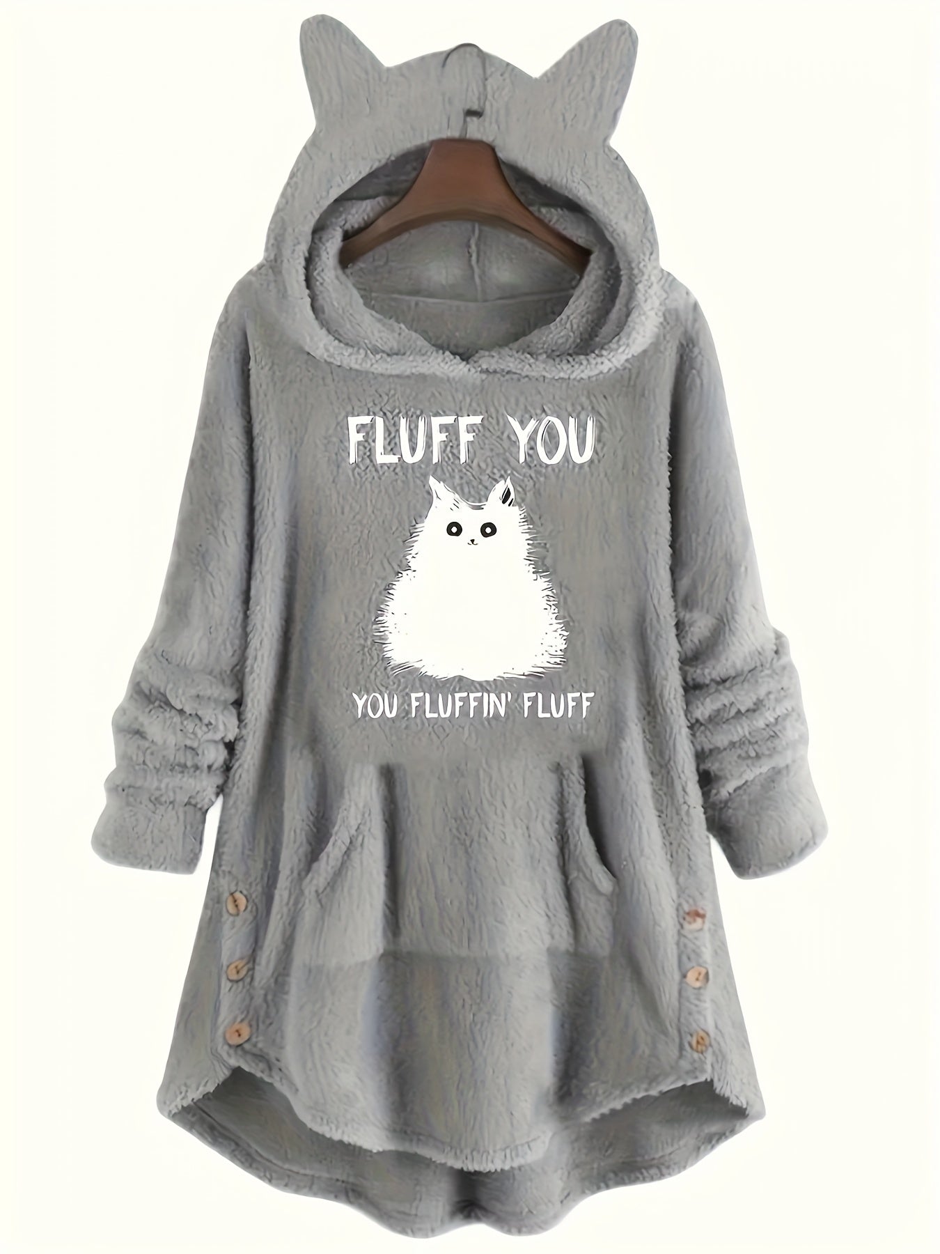 [Feline Design Thermal Hoodie] Relaxed Fit Thermal Hoodie - Adorable Feline Design Long-Sleeve Sweatshirt for Women with Kangaroo Pocket