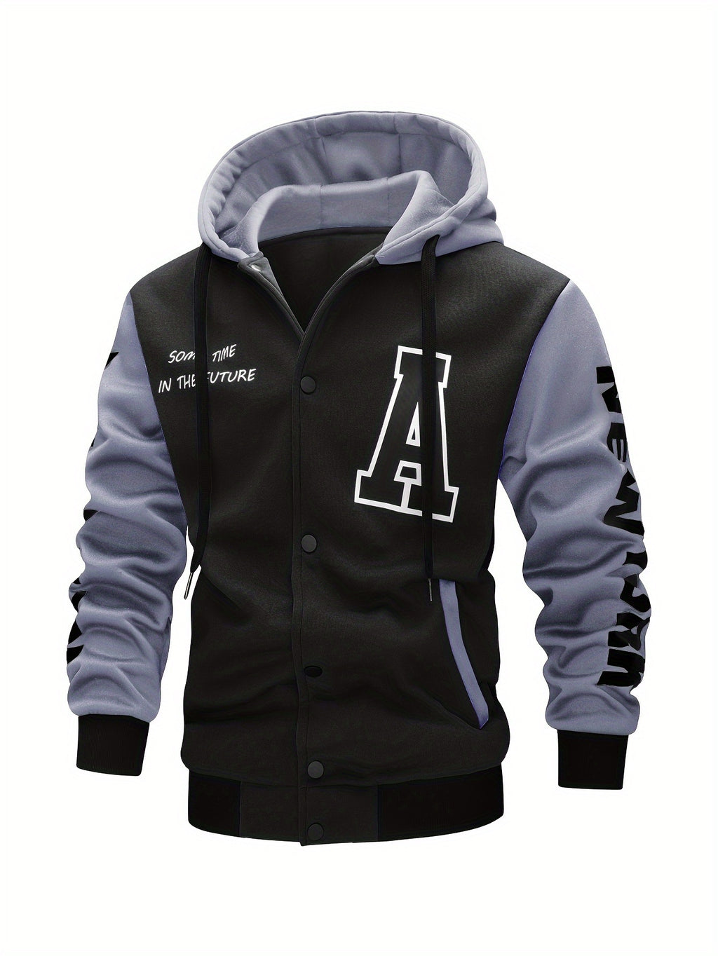 Men's Casual Hooded Varsity Jacket, Chic Button Up Letter Print Bomber Jacket
