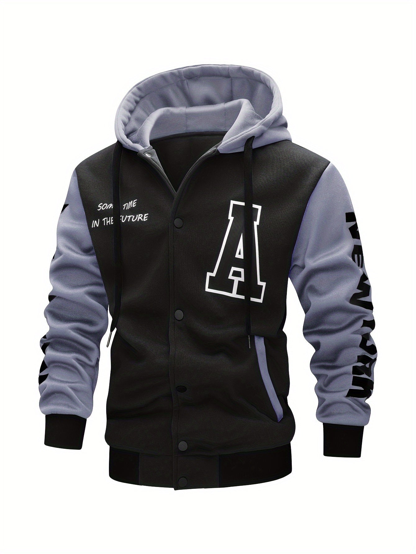 Men's Casual Hooded Varsity Jacket, Chic Button Up Letter Print Bomber Jacket