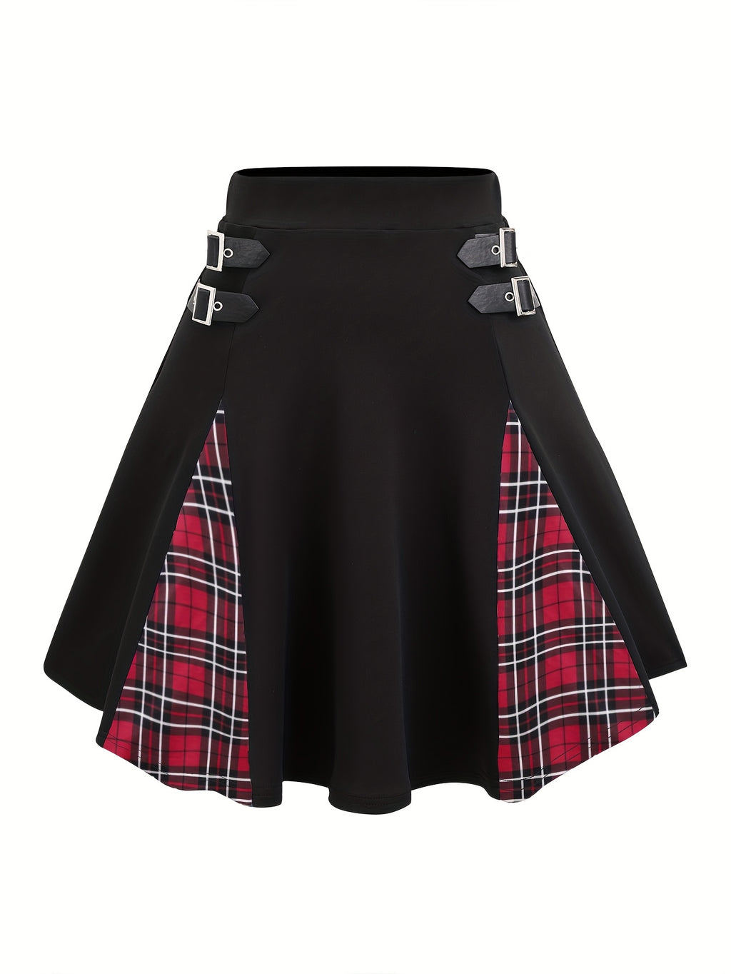Gothic Plaid Buckle Mini Skirt - High-Waisted A-Line