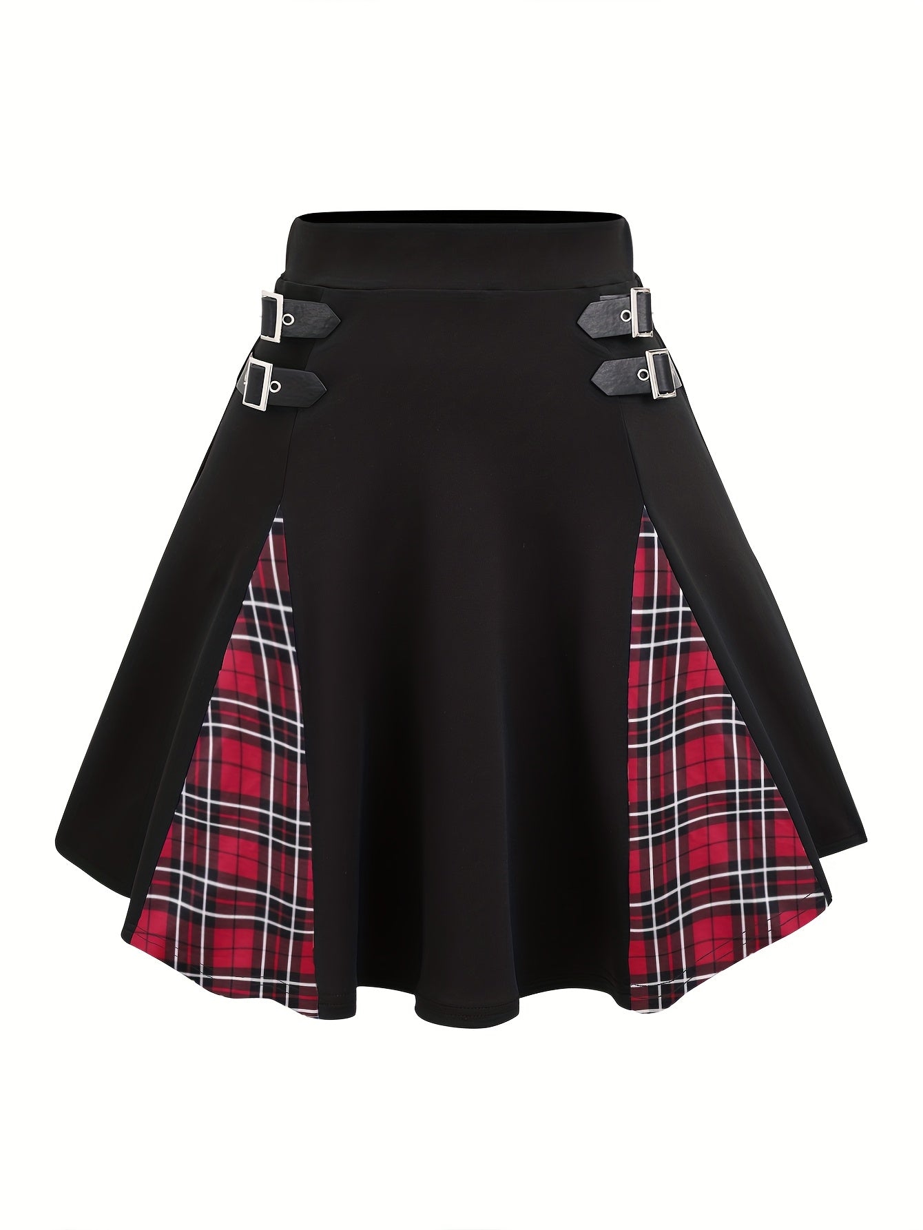 Gothic Plaid Buckle Mini Skirt - High-Waisted A-Line