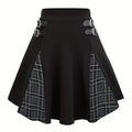 Gothic Plaid Buckle Mini Skirt - High-Waisted A-Line