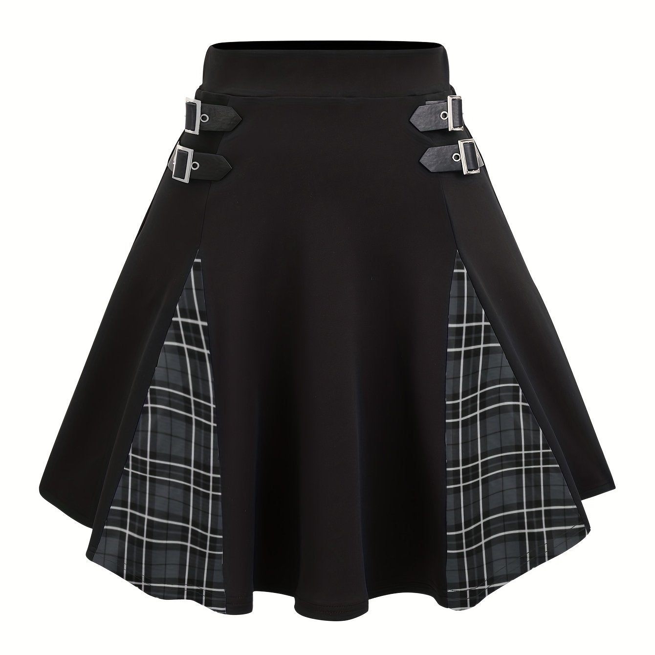 Gothic Plaid Buckle Mini Skirt - High-Waisted A-Line