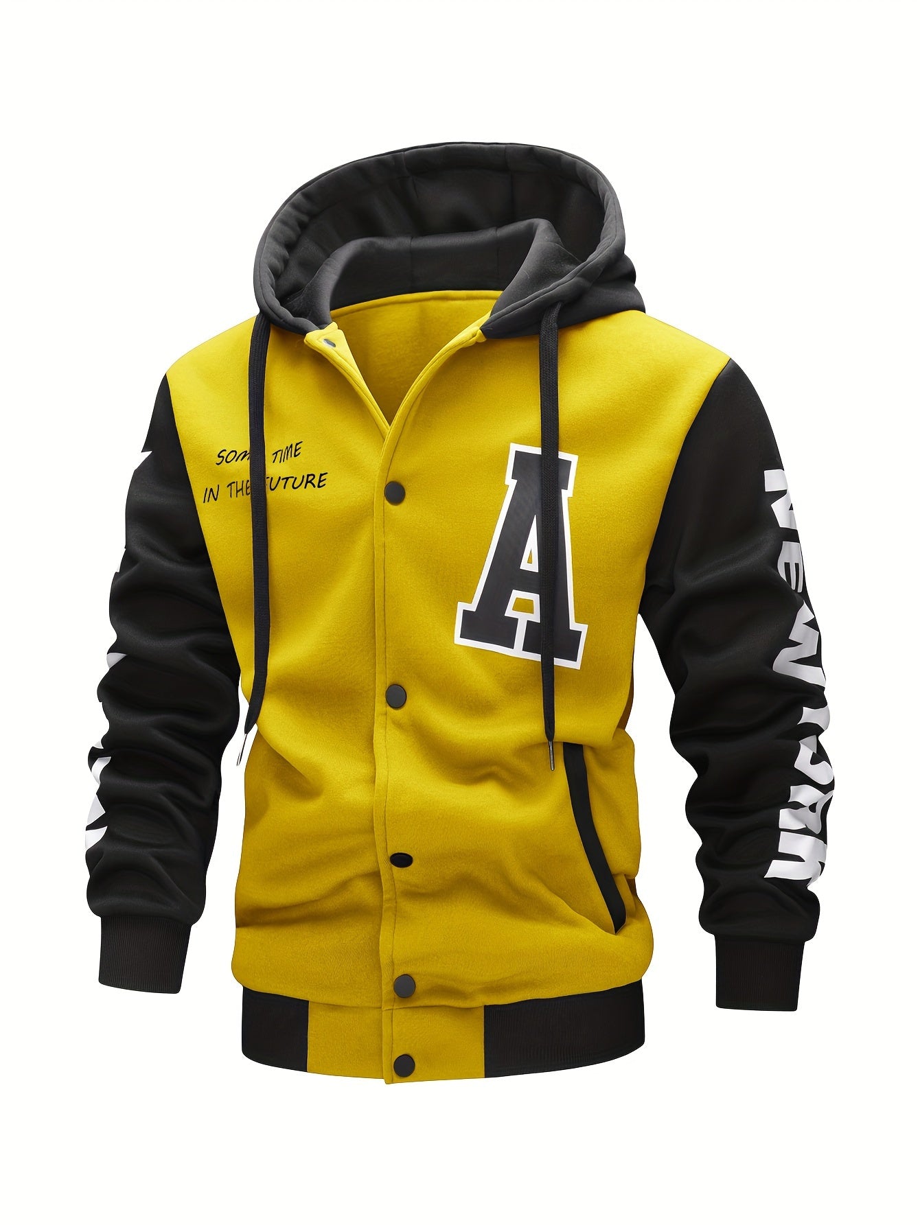 Men's Casual Hooded Varsity Jacket, Chic Button Up Letter Print Bomber Jacket