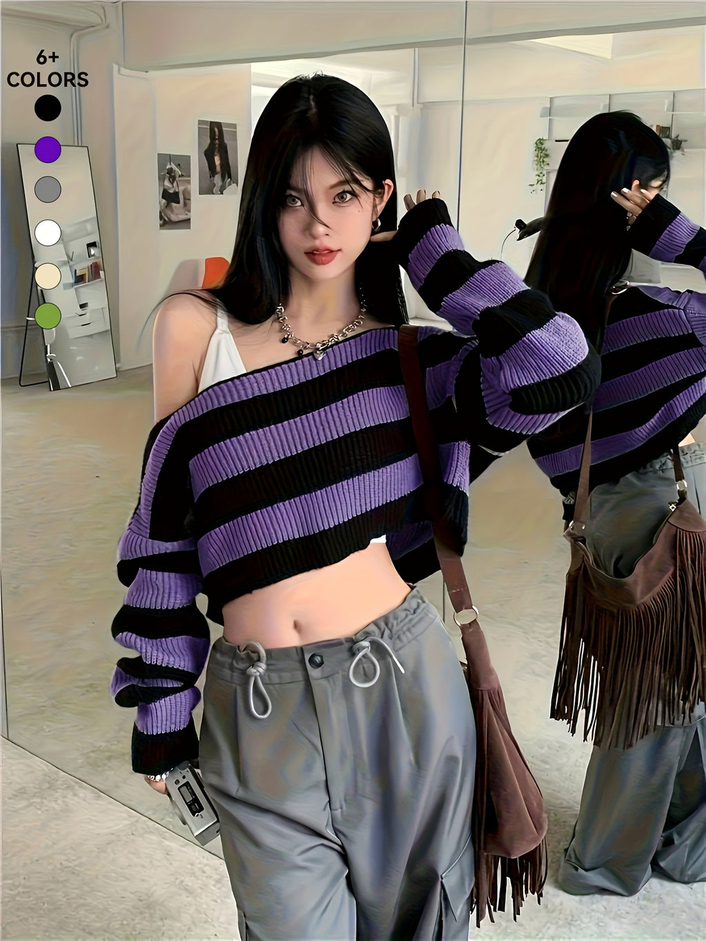 Women's Y2K Color Block Knit Pullover - Short Sleeve