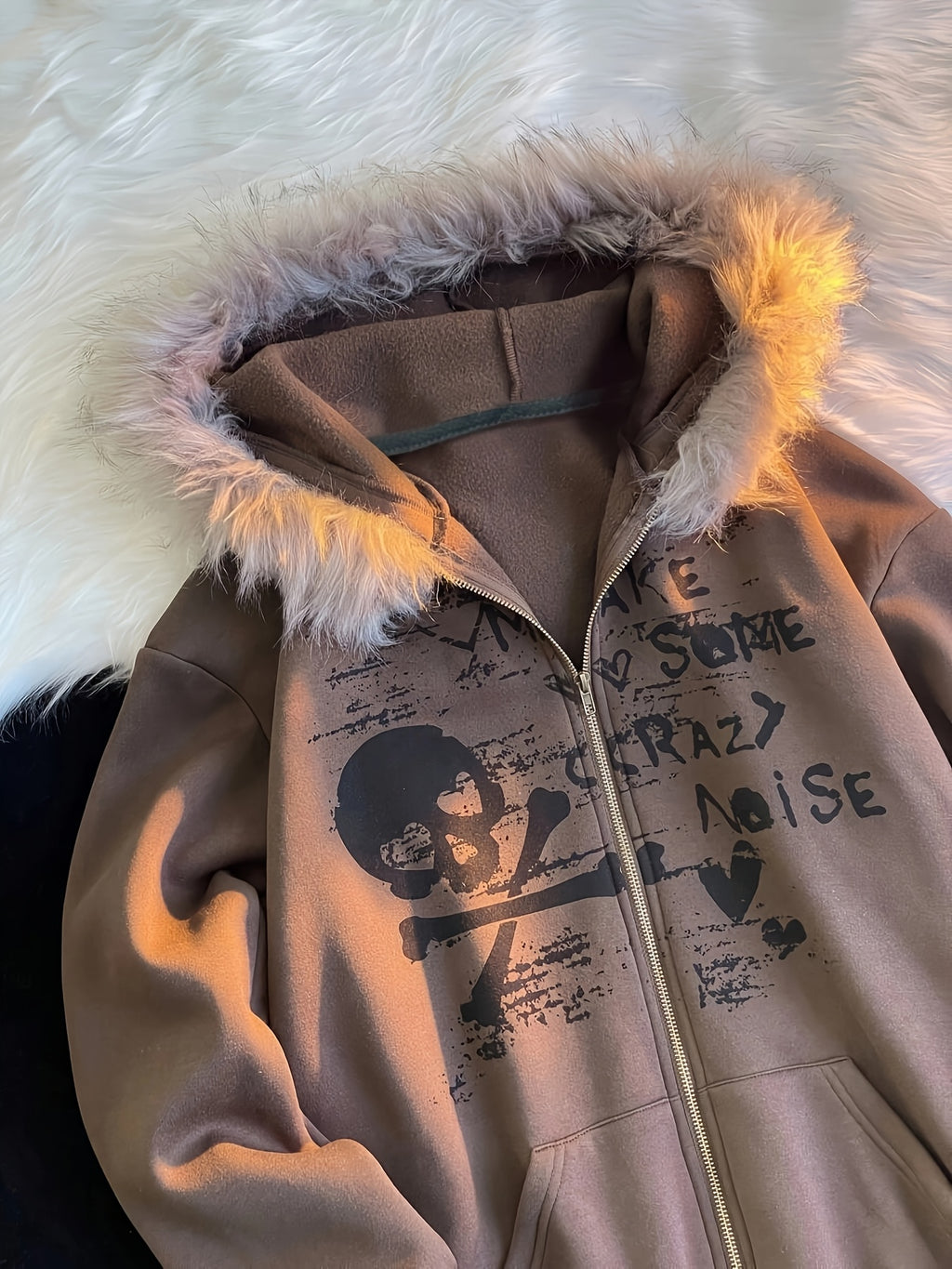 Men's Y2K Printed Hoodie - Faux Fur Trim Sweatshirt