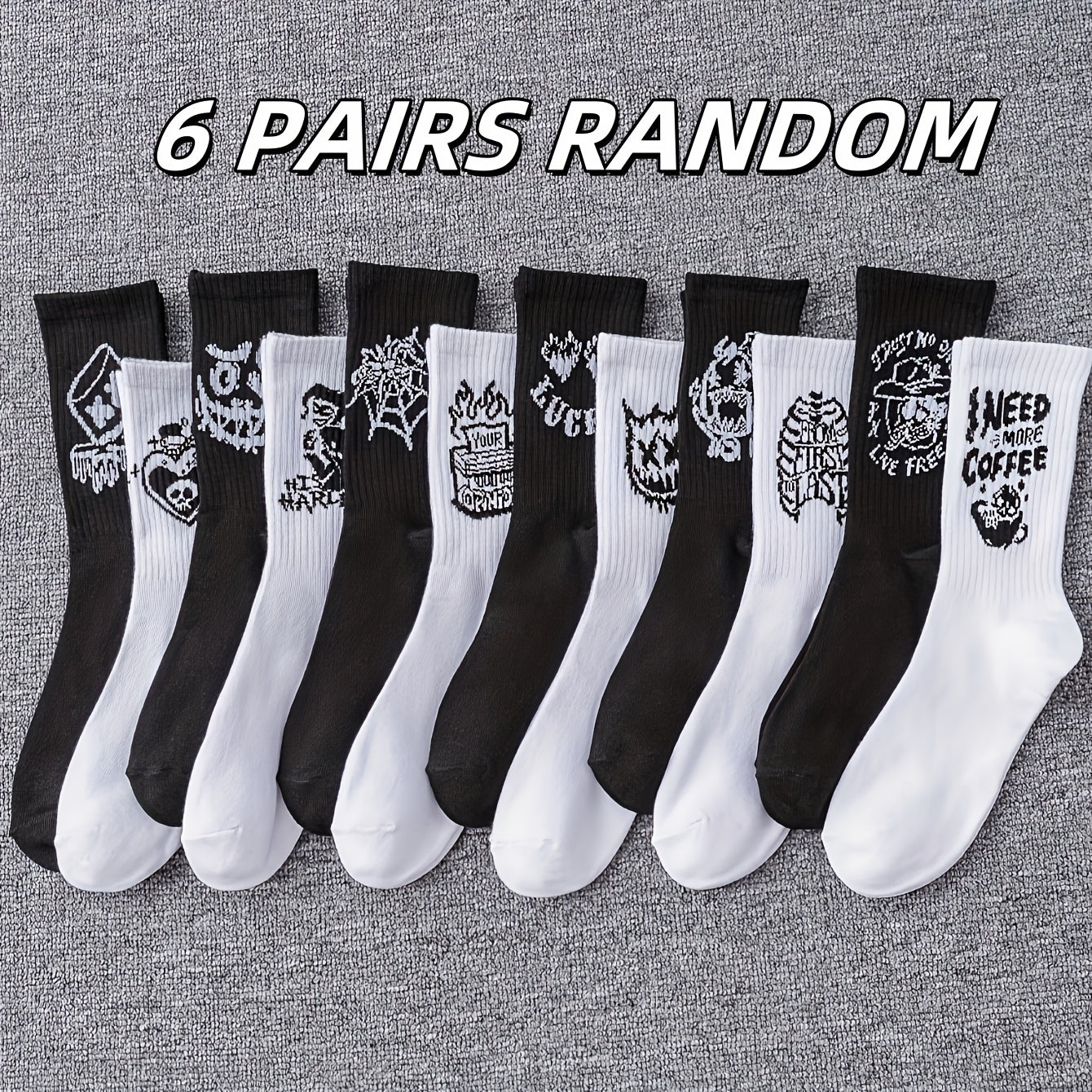 Men's Black & White Graffiti Socks - 6/10 Pack