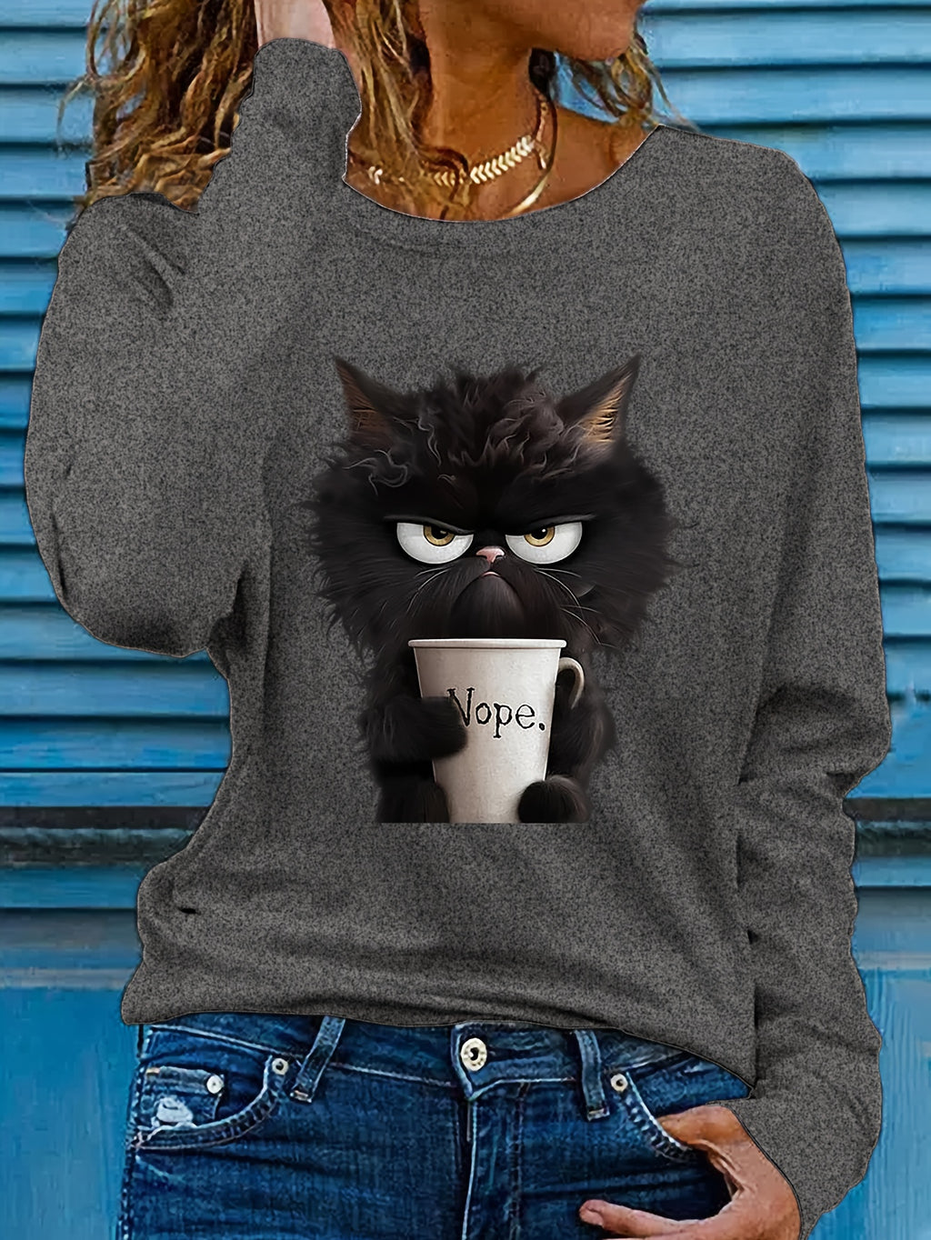 Women's Cartoon Cat Graphic Tee - Long Sleeve Crew Neck