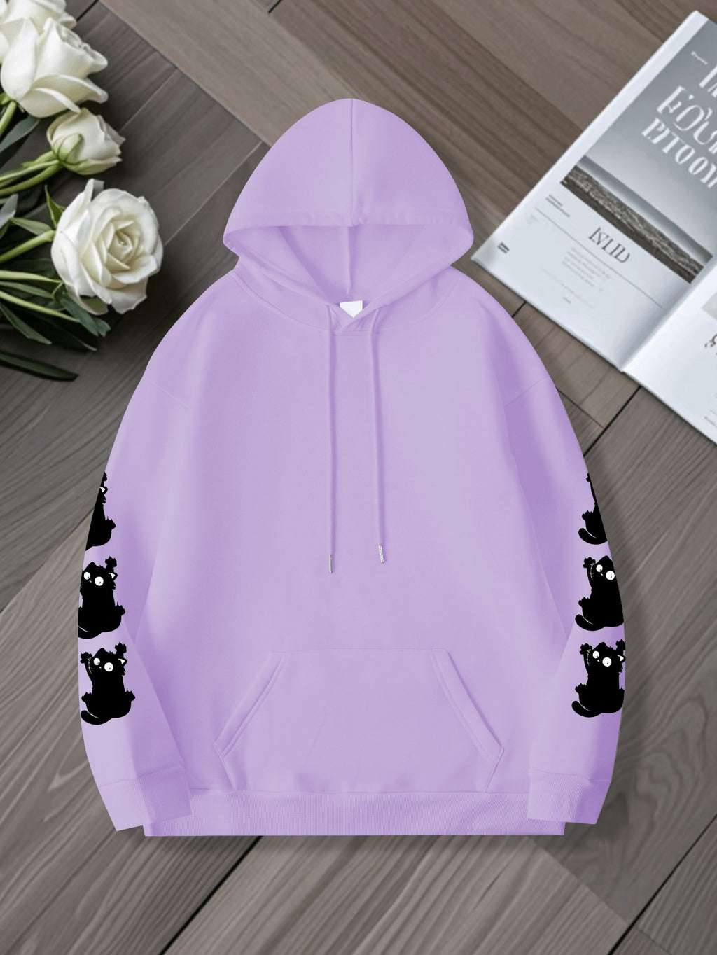 Women's Plus Size Cat Print Hoodie - Casual Sweatshirt