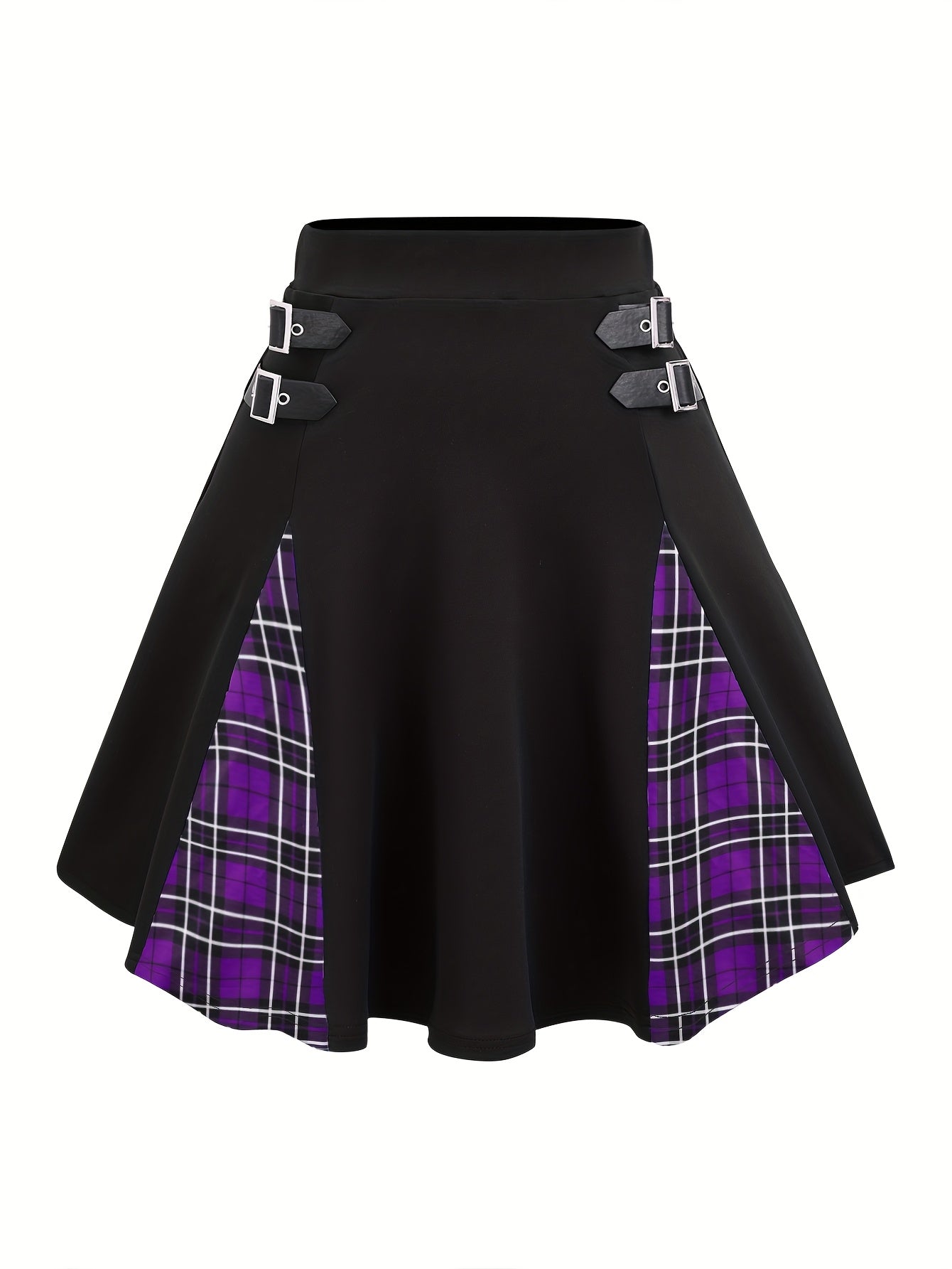 Gothic Plaid Buckle Mini Skirt - High-Waisted A-Line