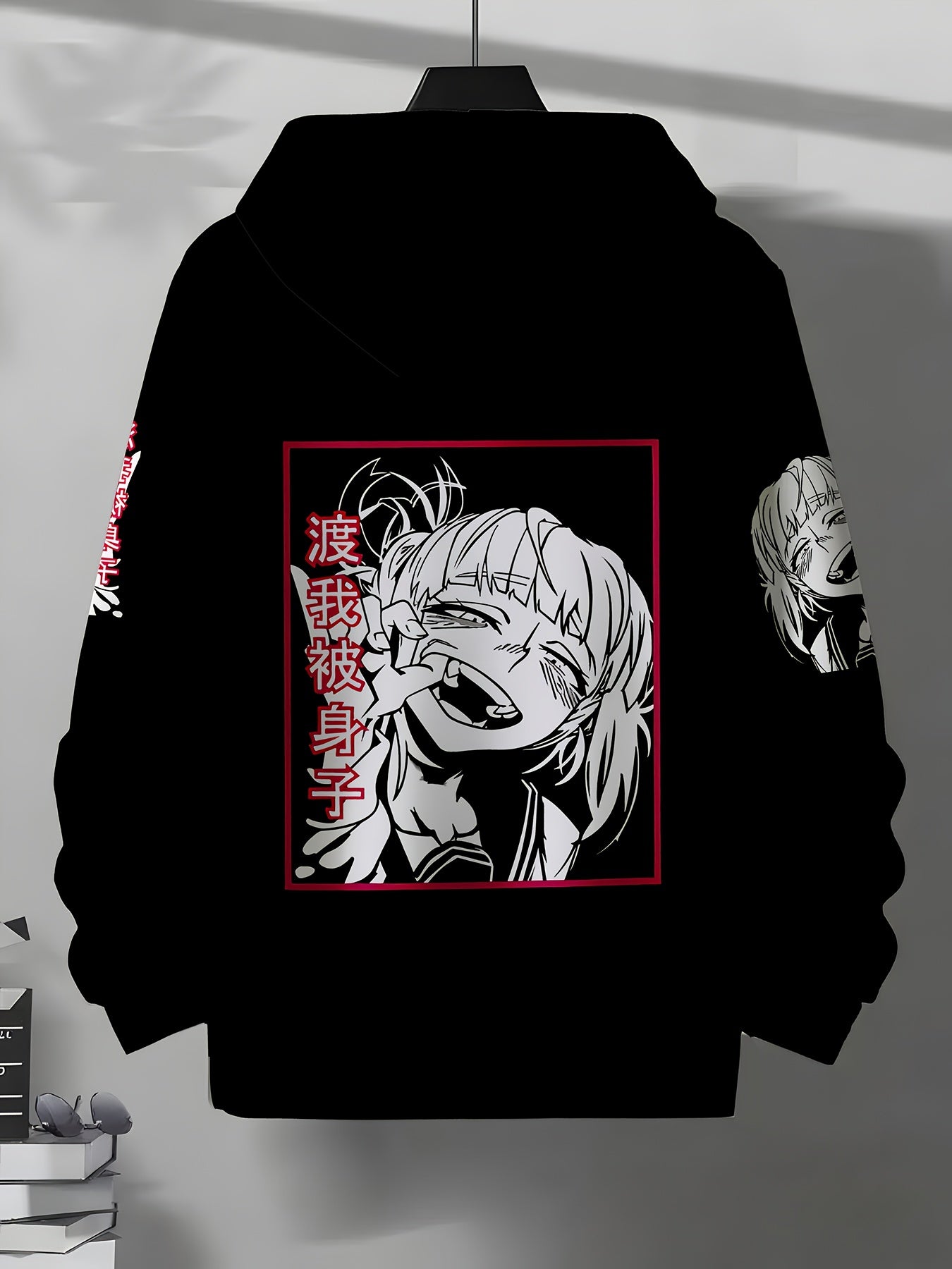 Men's Japanese Anime Hoodie - Black & Red Manga Sweatshirt with Japanese Text & Iconic Characters, Soft Fabric Streetwear for, Daily Wear & Conventions, Hooded Sweater for Manga Fans