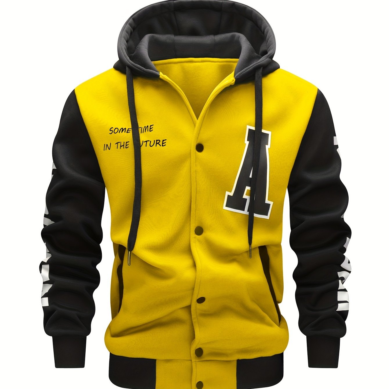 Men's Casual Hooded Varsity Jacket, Chic Button Up Letter Print Bomber Jacket